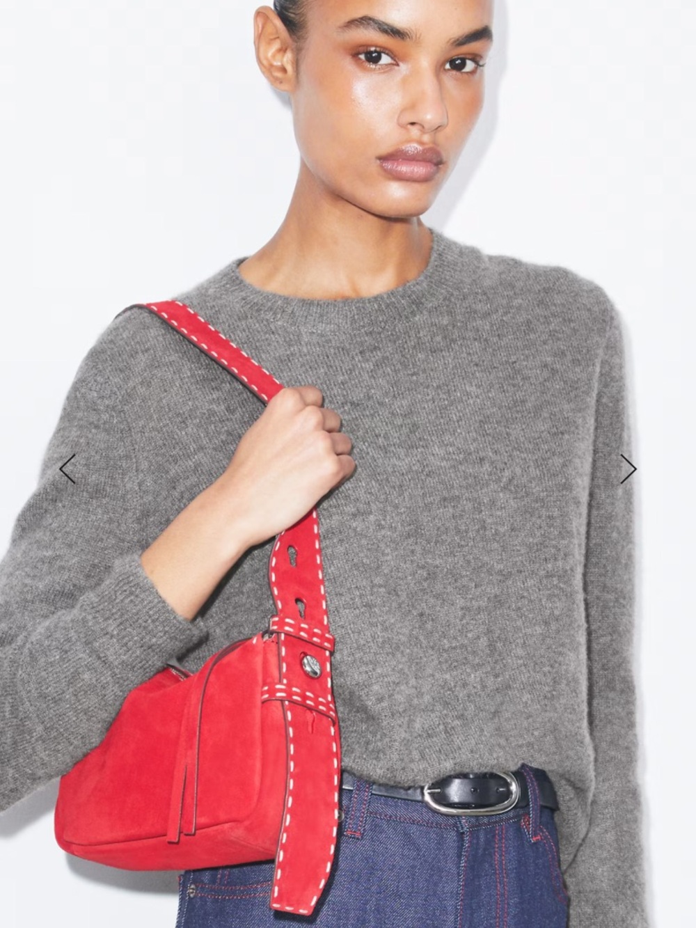 Red Suede Shoulder Bag with Contrast Stitching